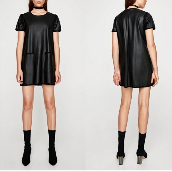 Zara Dresses & Skirts - Zara Faux Leather Shift Dress Crochet Trim Size S